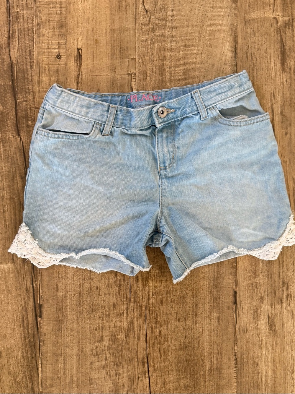 Place Light Blue Denim Shorts with White Lace Trim